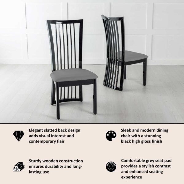 Venito Black High Gloss Slatted Back Dining Chair With Grey Seat Pads - Image 5