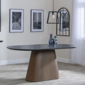 Perlo 180cm Dark Grey Ceramic Oval Dining Table With Bronze Pedestal Base