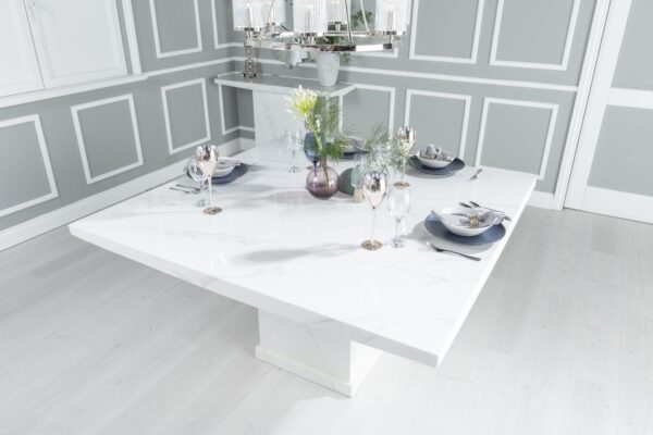 Olympia 140cm Square White Marble Dining Table - 6 Seater - Image 2