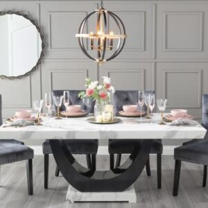 Omega White Marble and Black High Gloss 4/6 Seater Dining Table And Chair Set