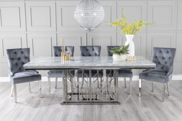 Mercury Grey Marble and Chrome 6/8 Seater Dining Table And Chair Set - 220cm