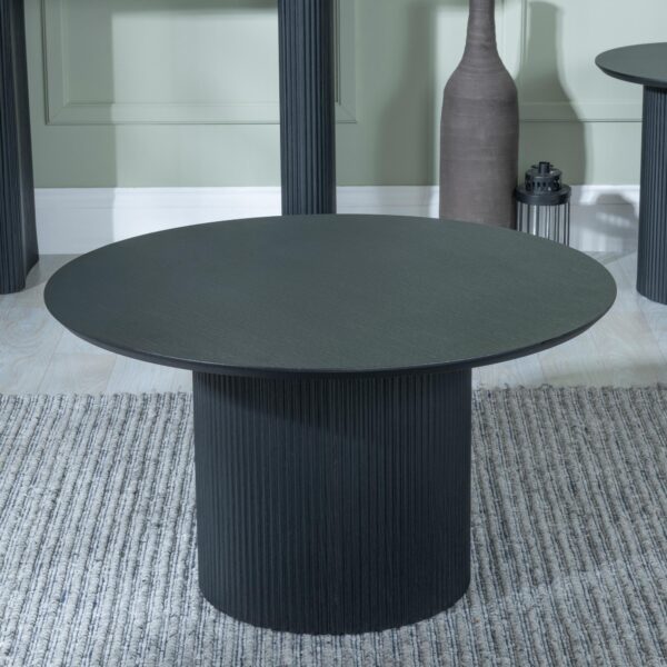 Renzo Black Round Coffee Table with Fluted Ribbed Drum Base - Image 2