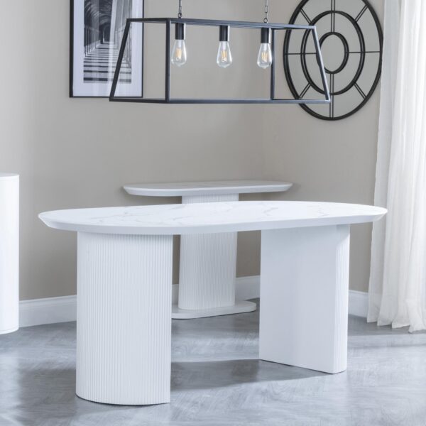 Mondrian 6 Seater White Melamine Top Oval Fluted Dining Table
