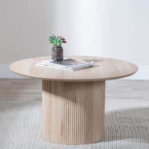 Renzo Oak Round Coffee Table with Fluted Ribbed Drum Base