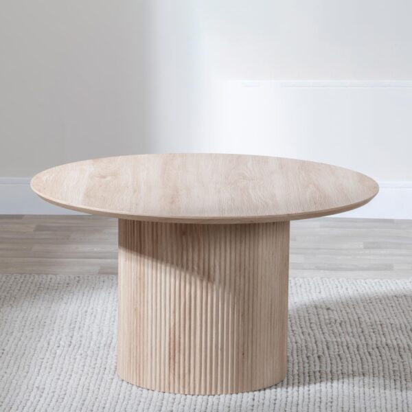 Renzo Oak Round Coffee Table with Fluted Ribbed Drum Base - Image 2
