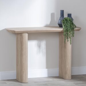 Renzo Oak Oval Console Table with Fluted Ribbed Double Pedestal Base