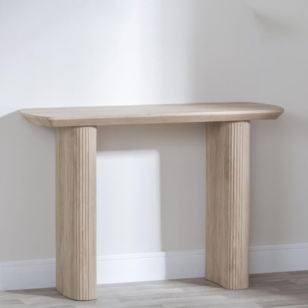 Renzo Oak Oval Console Table with Fluted Ribbed Double Pedestal Base - Image 2