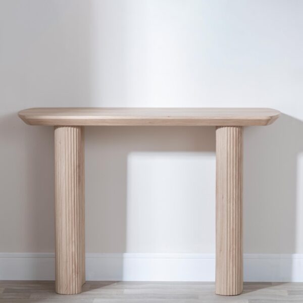 Renzo Oak Oval Console Table with Fluted Ribbed Double Pedestal Base - Image 3