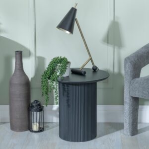 Renzo Black Round End Table with Fluted Ribbed Drum Base