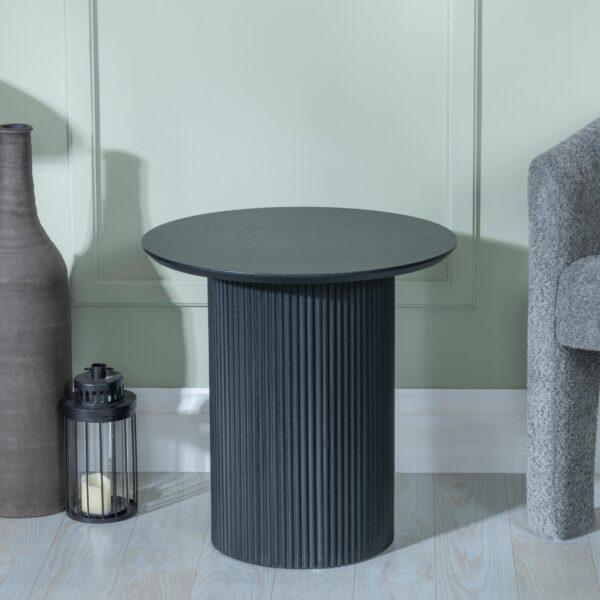Renzo Black Round End Table with Fluted Ribbed Drum Base - Image 2