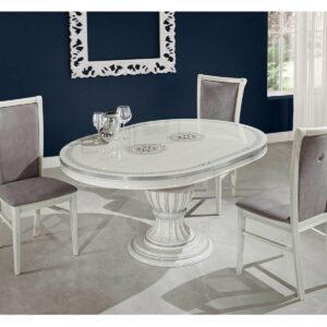 H2O Design Aurora Birch White Silver Italian Round Extending Dining Set with Grey Side Chairs