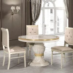 H2O Design Aurora Beige Birch Gold Italian Round Extending Dining Set with Rossella Crystal Back Dining Chairs