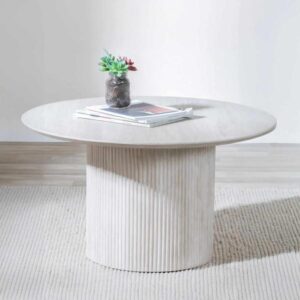 Renzo White Round Coffee Table with Fluted Ribbed Drum Base