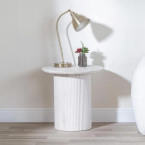 Renzo Fluted White Washed Oak Effect Round End Table with Drum Base