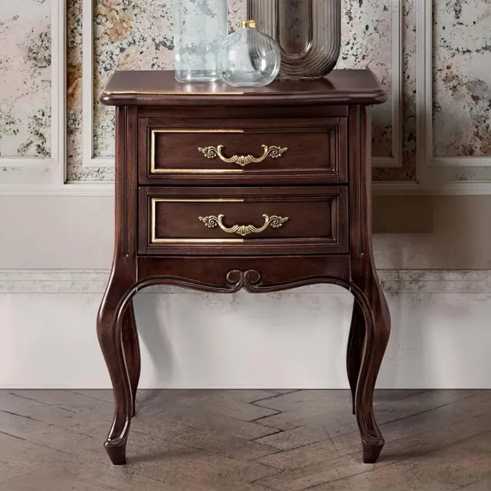 Verdi Italian Walnut 2 Drawer French Style Bedside Table